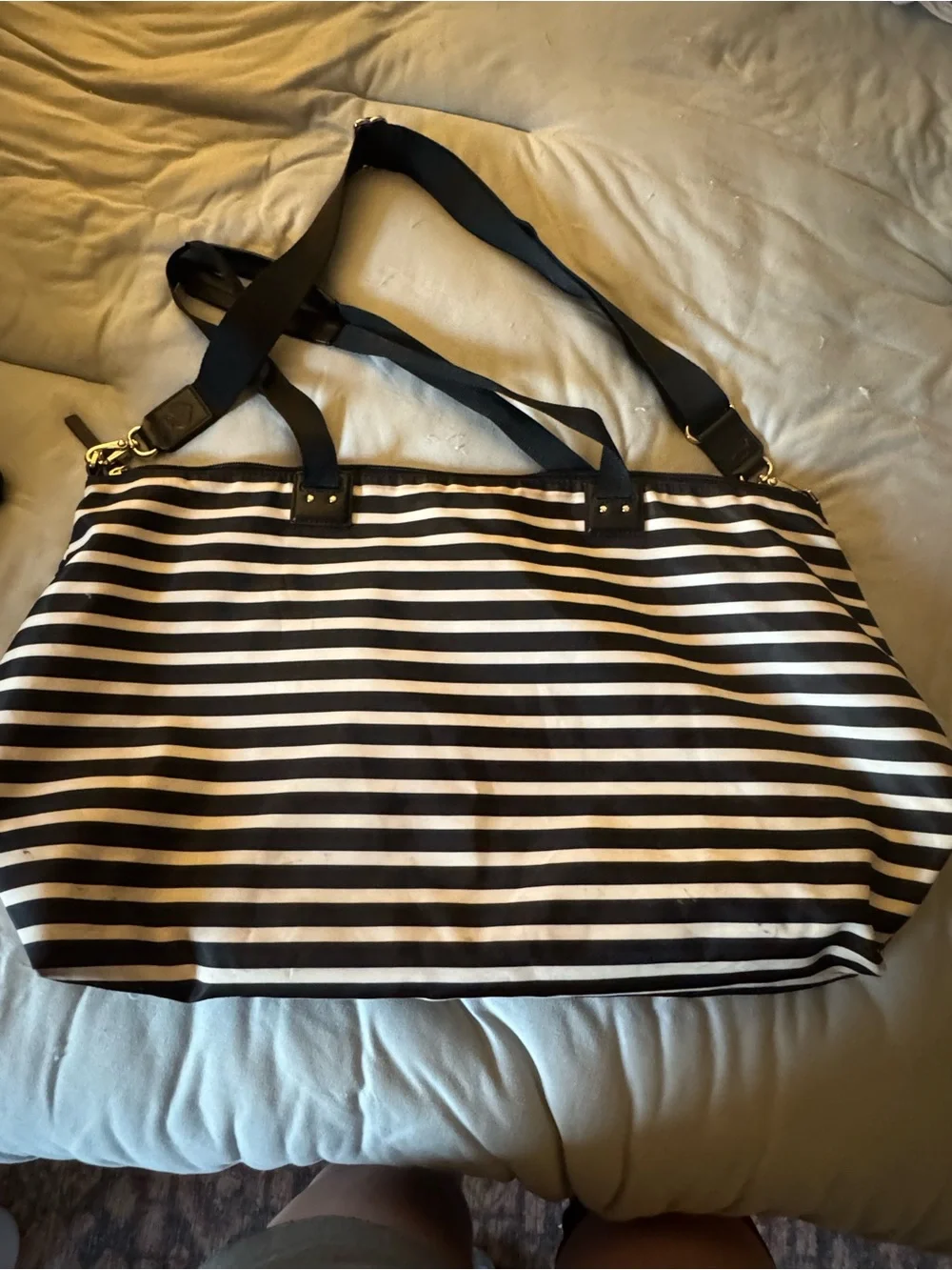 kate spade Watson Lane Lyla Black & White Stripes Nylon Packable Weekender Bag